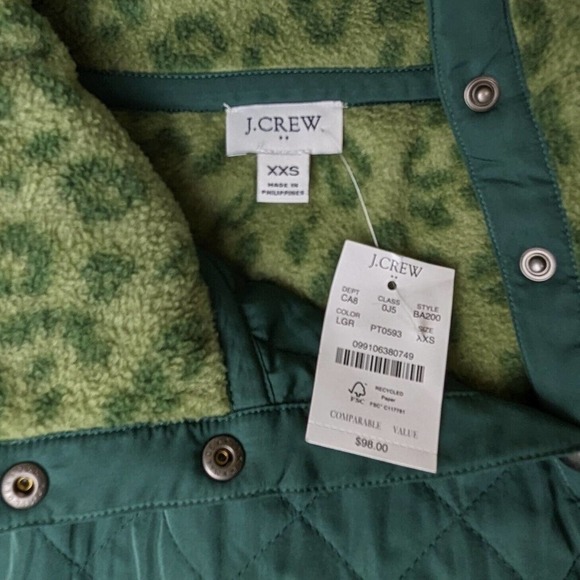 J. Crew Quilted Sherpa Fleece Women Snap Button Neck Green Pullover NEW - Picture 5 of 13